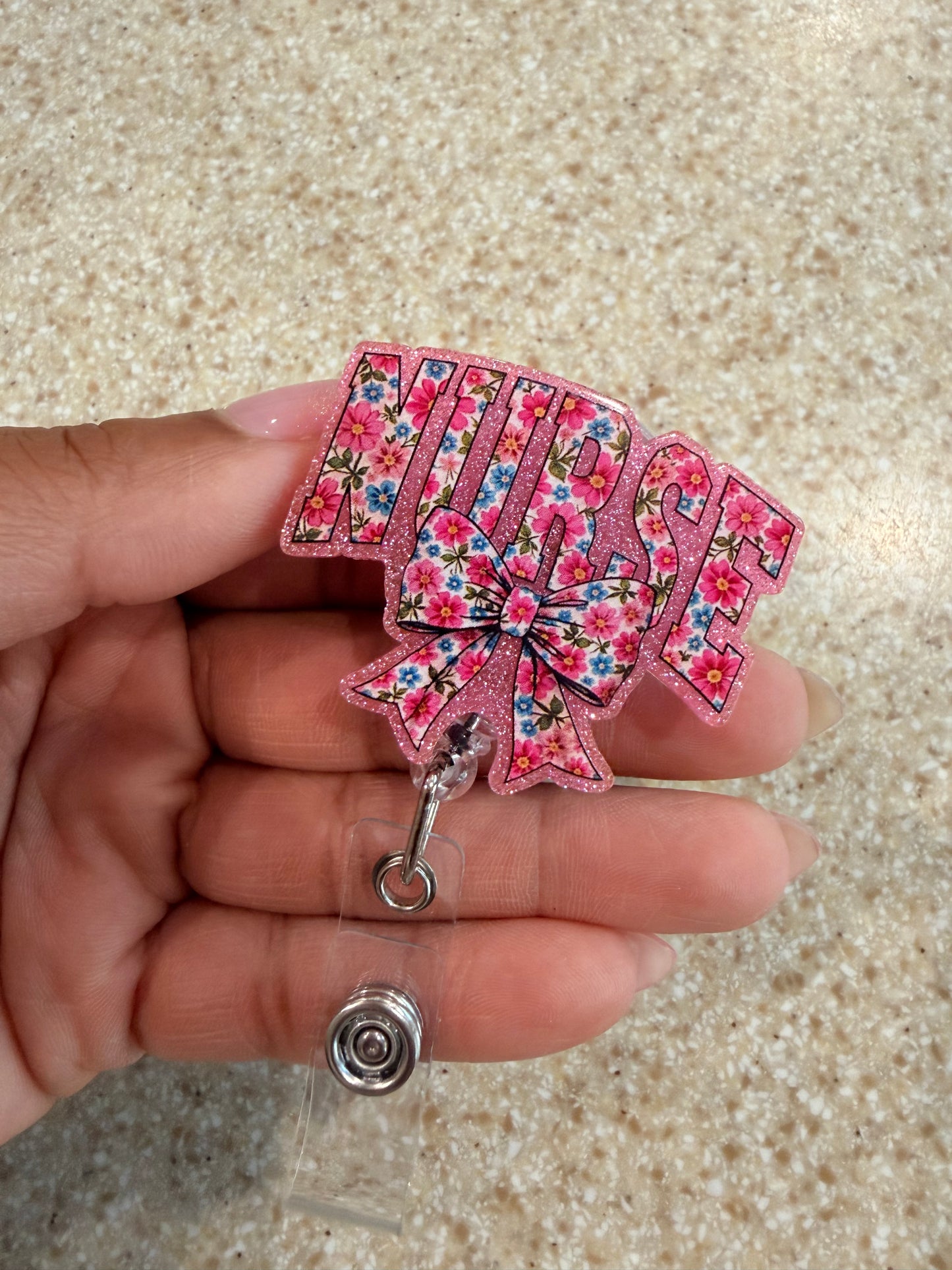 Badge Reel - Pink Floral Nurse Bow