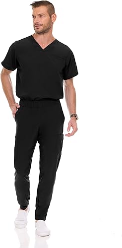 Men's Stretch Scrub Set – V-Neck Top & 7-Pocket Pants with Yoga Waistband