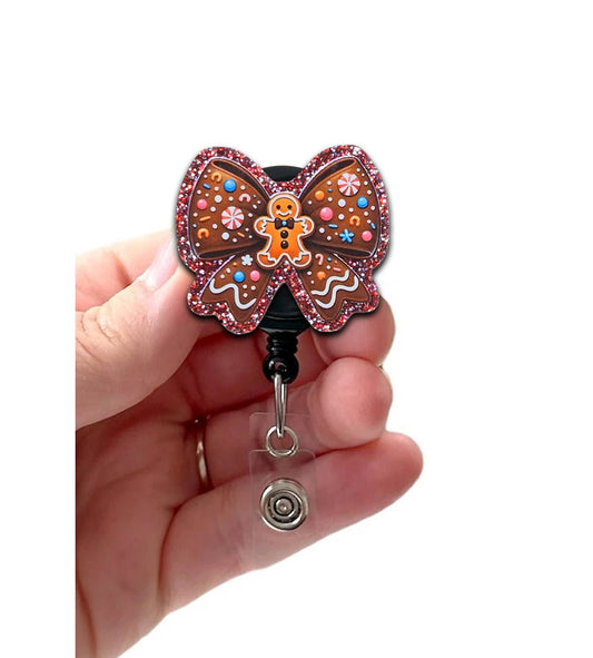 Gingerbread Man Giltter Bow Acrylic Retractable Badge Reel