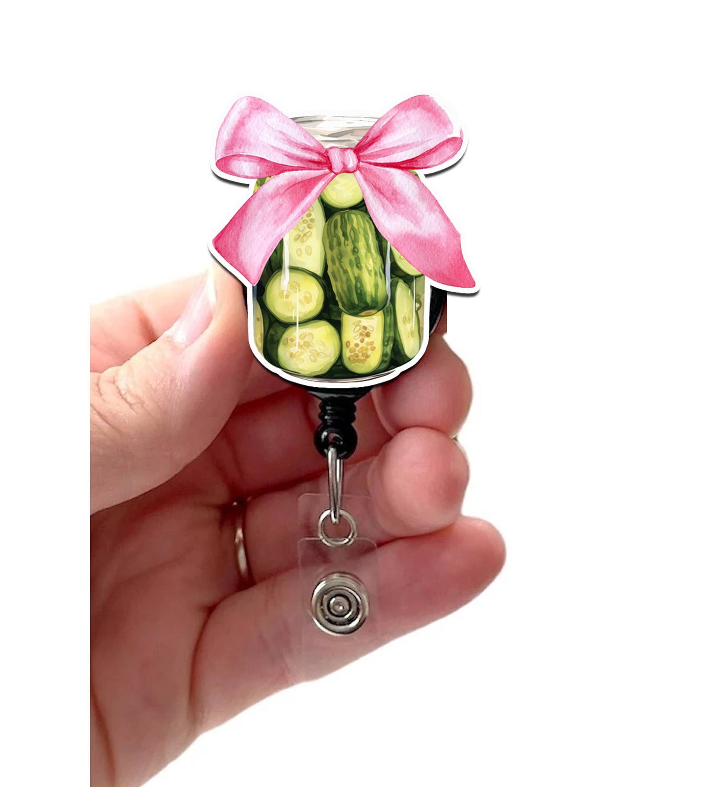 Pickle Jar with Pink Coquette Bow Acrylic Badge Reel