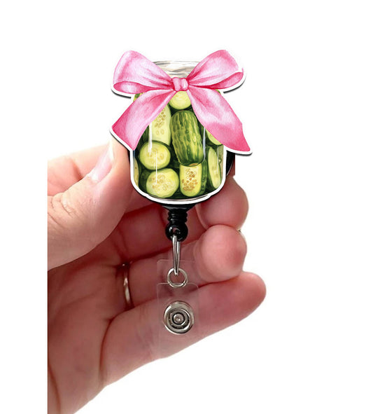 Pickle Jar with Pink Coquette Bow Acrylic Badge Reel