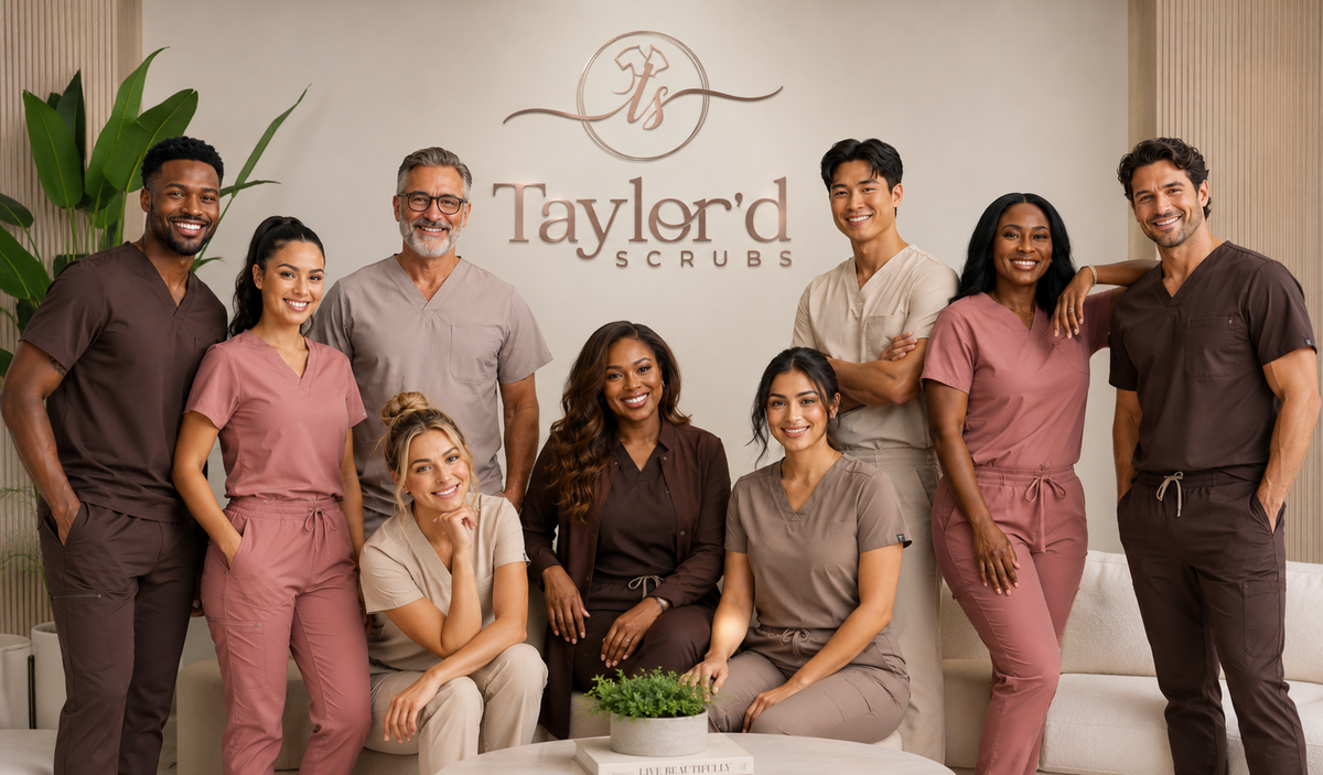 Nine diverse models wearing modern scrubs in front of the Taylor’d Scrubs logo