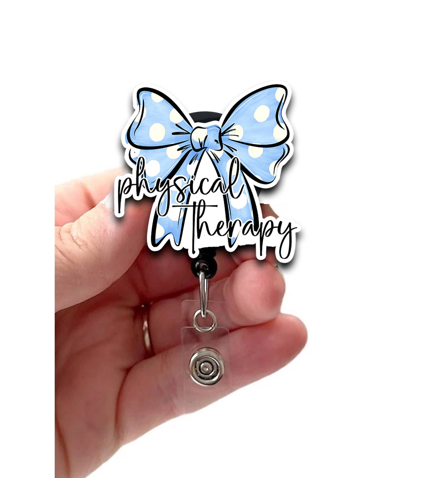 Physical Therapy Coquette Bow Polka Dots Badge Reel, Acrylic