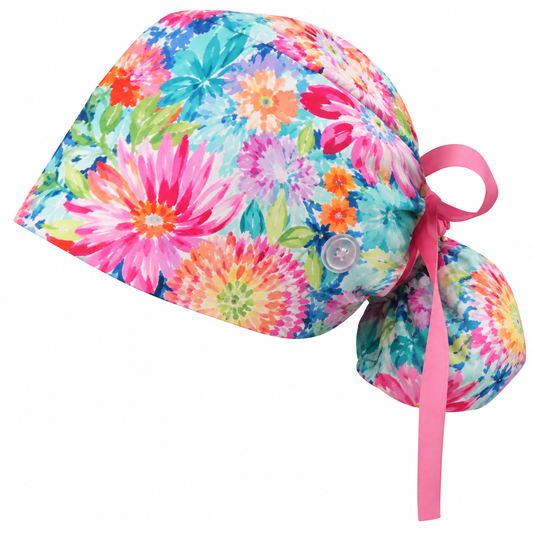 Preppy Floral Satin-Lined Ponytail Scrub Cap